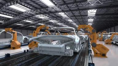 汽车制造厂概念与汽车制造厂4k镜头3D渲染机器人装配线